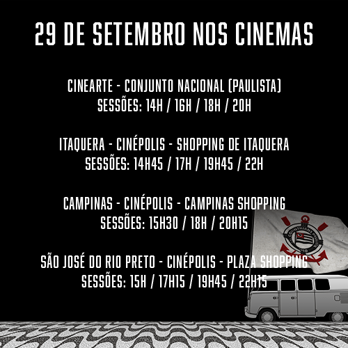 Cinemas que exibem "1976 - O Ano da Invasão Corinthiana" na semana de estreia, 29/09/2016.